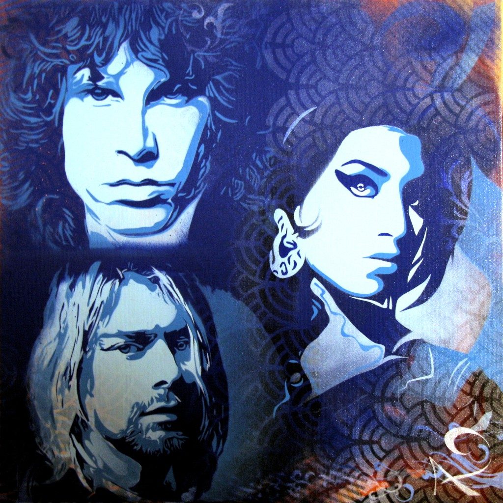 Peinture tryptique Jim Morrison, Kurt Cobain & Amy Winehouse